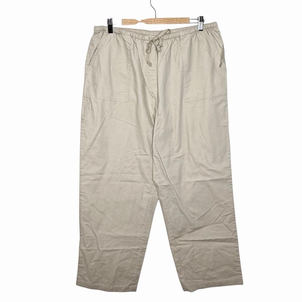 LL Bean Sunwashed Canvas Pants Coastal Tan Womens XL Drawstring Straight Leg